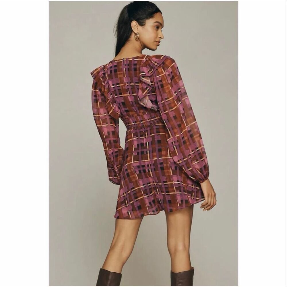 HUTCH x ANTHROPOLOGIE $168 Ruffle Plaid Long-Sleeve Deep-V Romper Size L NWOT